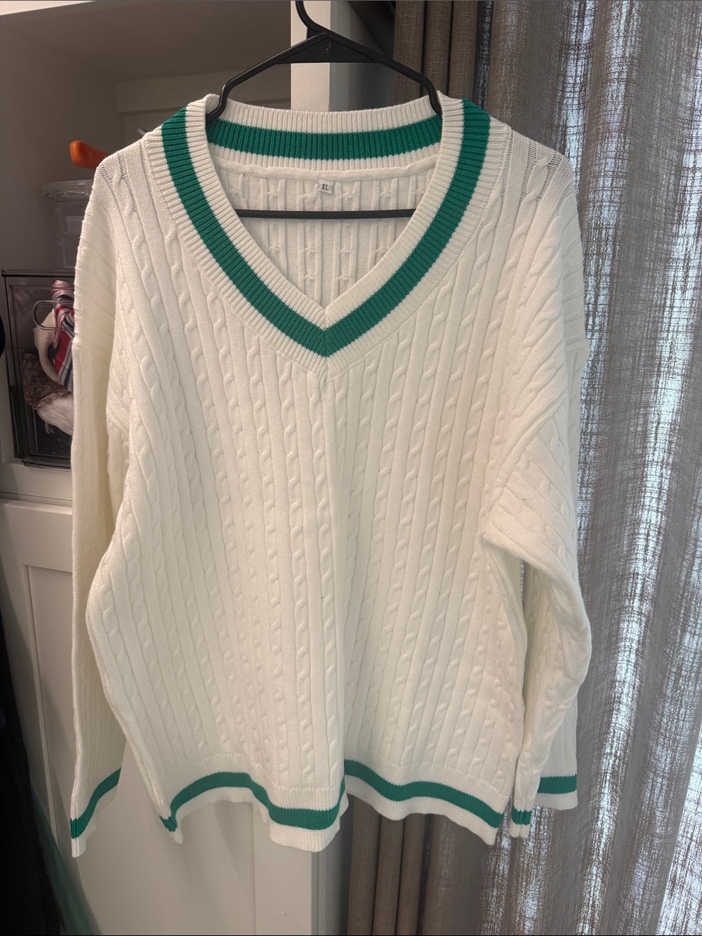 Women's Cream Cable-Knit V-Neck Sweater with Green Trim
